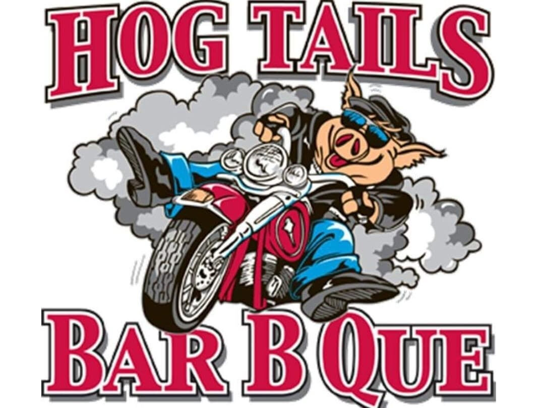 A cartoon pig in sunglasses and a leather jacket rides a motorcycle with smoke trailing behind it, alongside the text “Hog Tails Bar B Que.”